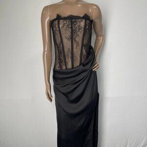 NEW NDB Nalani Strapless Maxi Dress • Size S • Black • Satin Wrap Overlay